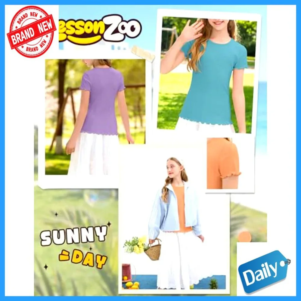 Girls' 3 Pack Ribbed Short Sleeve Tees Crew Neck Lettuce Trim Tops